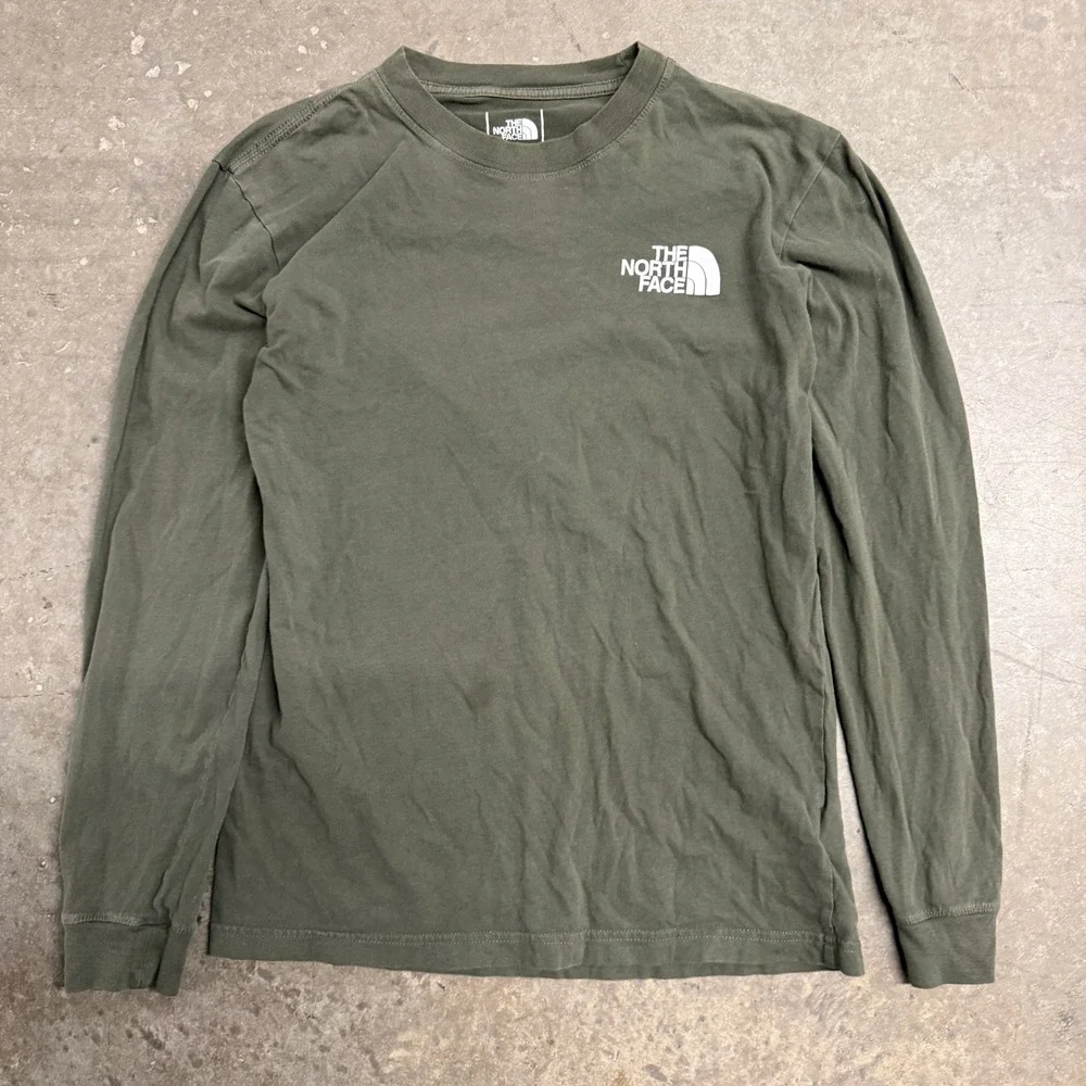 The North Face Mens Long Sleeve Graphic T-Shirt Olive Green Small Box Logo Tee